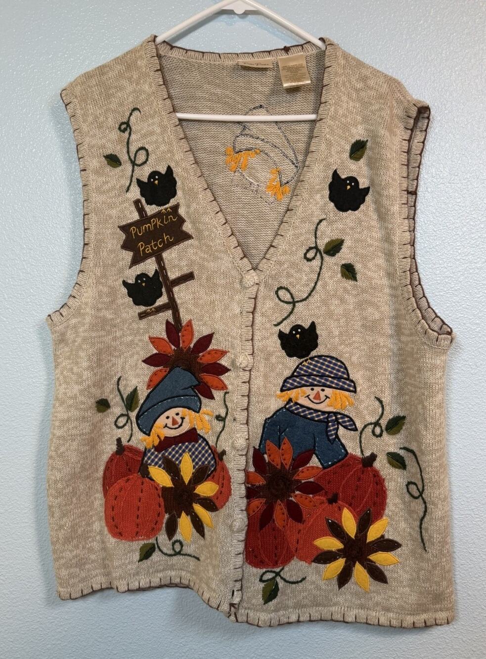 Bobbie Brooks XL Fall Sweater Vest Pumpkin Scarecrow Embroidered Button Front